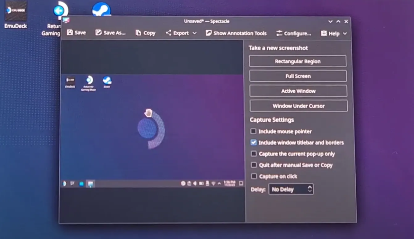 steam deck screenshot in desktop mode spectacle app