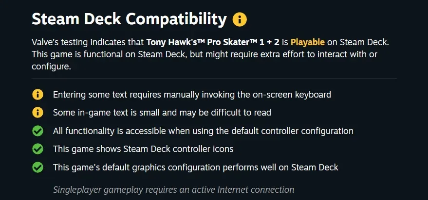 Tony Hawk Pro Skater 1 + 2 Steak Deck Compatibility