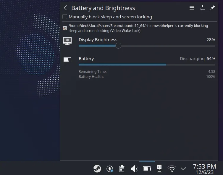 Steam Deck Desktop Mode Battery Window Brightness Slider